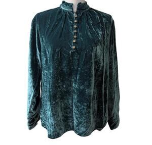Anthropologie Jewel Tone Green Blue Velour Button Up Top Medium